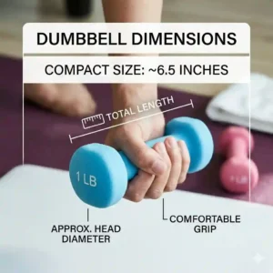 A detailed view of a power walker's hand holding both pink and blue neoprene one pound dumbbells while walking outdoors.