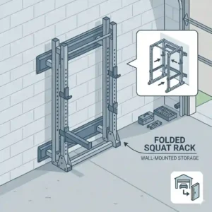 A heavy duty wall mounted foldable gym equipment squat rack collapsed flat against a garage wall.