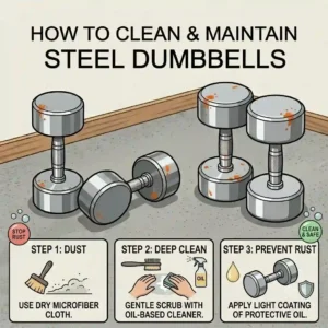 An infographic-style illustration demonstrating how to properly clean and prevent rust on iron and steel dumbbells.