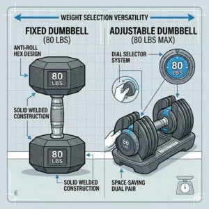 "A comparative diagram showing a fixed-weight dumbbell next to an adjustable dumbbell system set to 80 lbs for dumbbells 80 lbs."