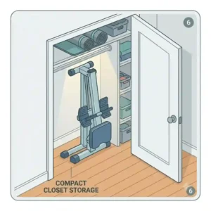 An illustration showcasing a compact collapsible exercise equipment rower stored upright inside a standard bedroom closet.