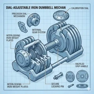 A technical blueprint illustration on blue grid paper detailing the complex internal mechanism of dial adjustable iron dumbbells.