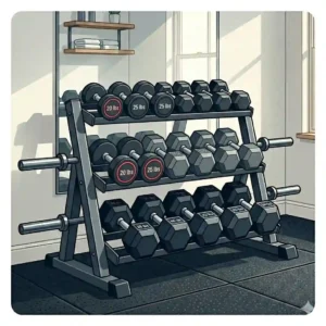 : A universal storage display showcasing various styles on a single dumbbell weight rack with weights.