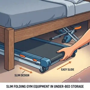 A close-up illustration of a person's hand sliding a slim folding gym equipment treadmill under a wooden bed frame for hidden storage.