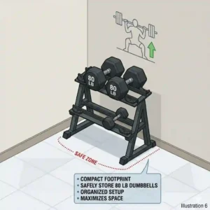 A compact layout illustration showcasing storage solutions for heavy 80 lb dumbbells in a home gym setup.