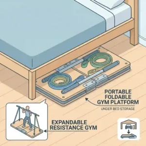 A portable fold up workout platform with resistance bands for functional foldable gym equipment strength training.
