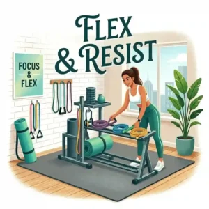 A wall-mounted storage rack holding a foam roller and fitness bands to neatly organize your apartment gym equipment.