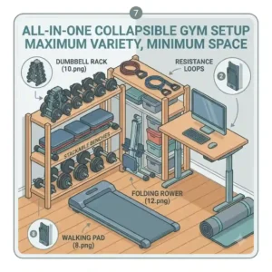 An infographic illustration displaying a complete small-space home gym featuring various collapsible exercise equipment.