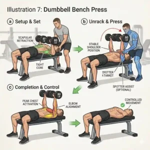 A line-art illustration demonstrating the proper range of motion for a flat bench press using 80 lb dumbbells.