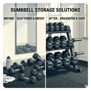 A before and after comparison showing how a dumbbell weight rack with weights cleans up a cluttered gym.