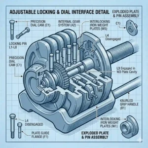 A blueprint cross-section illustration focusing on the internal locking and adjustment interface of dial adjustable iron dumbbells.