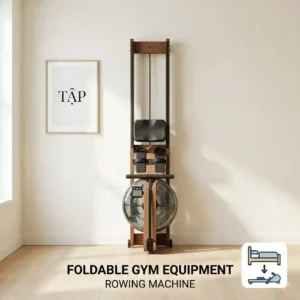 Side by side split view showing a living room set up for a workout and completely cleared using foldable gym equipment.
