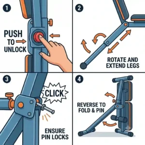 A multi-panel instructional diagram with arrows and text detailing how to safely unlock, extend, lock, and fold a piece of folding gym equipment.