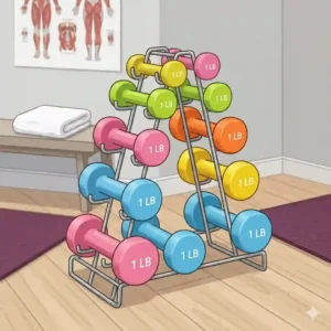 A group of diverse people using pink and blue neoprene one pound dumbbells during a lightweight exercise class.