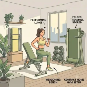 A lifestyle illustration of a person exercising in their apartment with discreet, high-quality foldable workout equipment that matches modern decor.