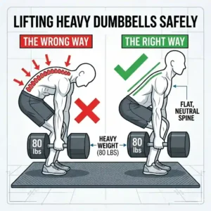 A safety illustration demonstrating proper posture for safely deadlifting dumbbells 80 lbs off the ground."
