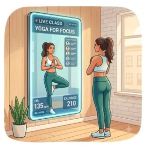 An interactive smart fitness mirror displaying a live yoga class, serving as high-tech apartment gym equipment in a studio apartment.