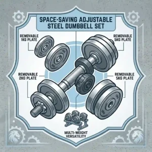An illustration of space-saving adjustable steel dumbbells with removable weight plates.