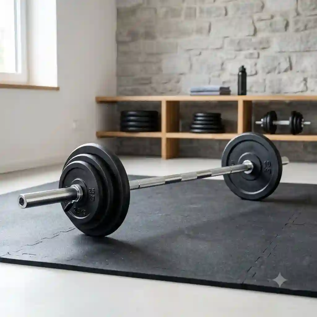 A premium adjustable barbell set with weight plates arranged on a home gym floor.