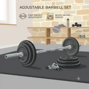 Illustration comparing a space-saving adjustable barbell set to a bulky traditional weight rack.