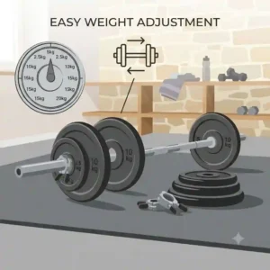 Graphic diagram showing how to adjust weights on an adjustable barbell set using the dial system.
