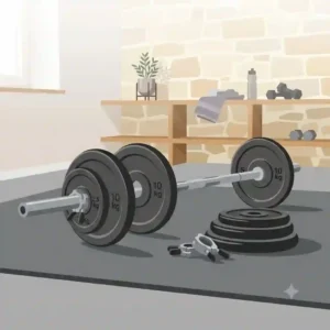 Illustration of a modern home gym setup featuring an adjustable barbell set and workout mat.
