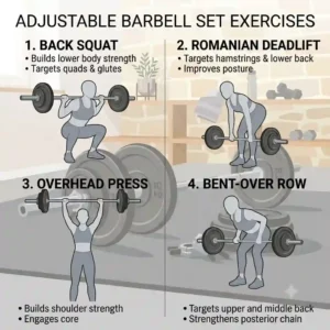Infographic illustration of full-body strength training exercises using an adjustable barbell set.