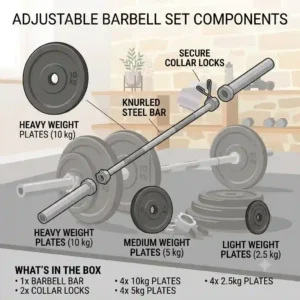 Illustrated breakdown of components included in a complete adjustable barbell set.