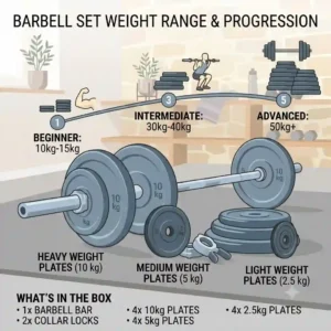 Graphic illustration displaying the incremental weight range of a heavy-duty adjustable barbell set.
