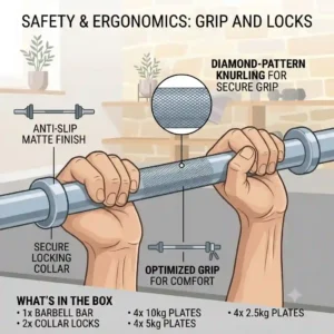 Close-up illustration of the knurling grip and safety lock features on an adjustable barbell set.